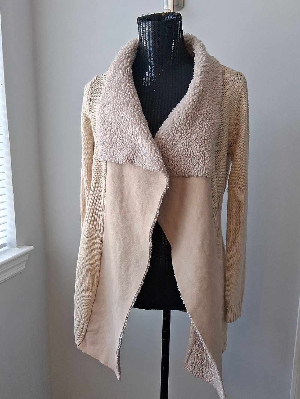 Cream Faux Shearling Trim Cardigan